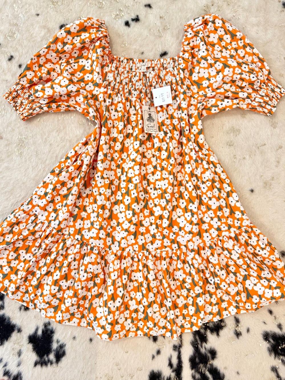 Easel Brand Orange Floral Puff-Sleeve Smocked Dress New With Tags